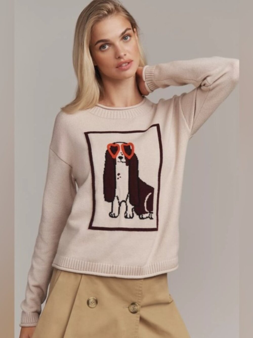 NWT Anthropologie Flat White Size Small Crew-Neck Dog Icon Sweater
